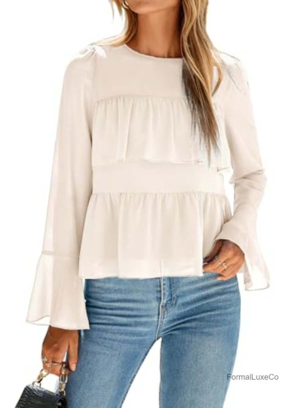BerryGo Women's Ruffle Peplum Blouse Chiffon Tiered Top Bell Sleeves Work